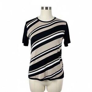 Jenny Sweater Large Black Tan Diagonal Stripe Knit Top Cottagecore Retro Vintage